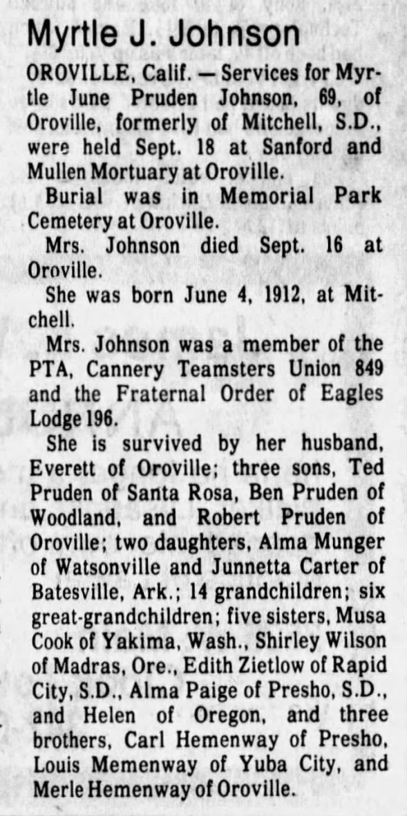 Obituary - Myrtle J Johnson, RC Journal 28 Sep 1981